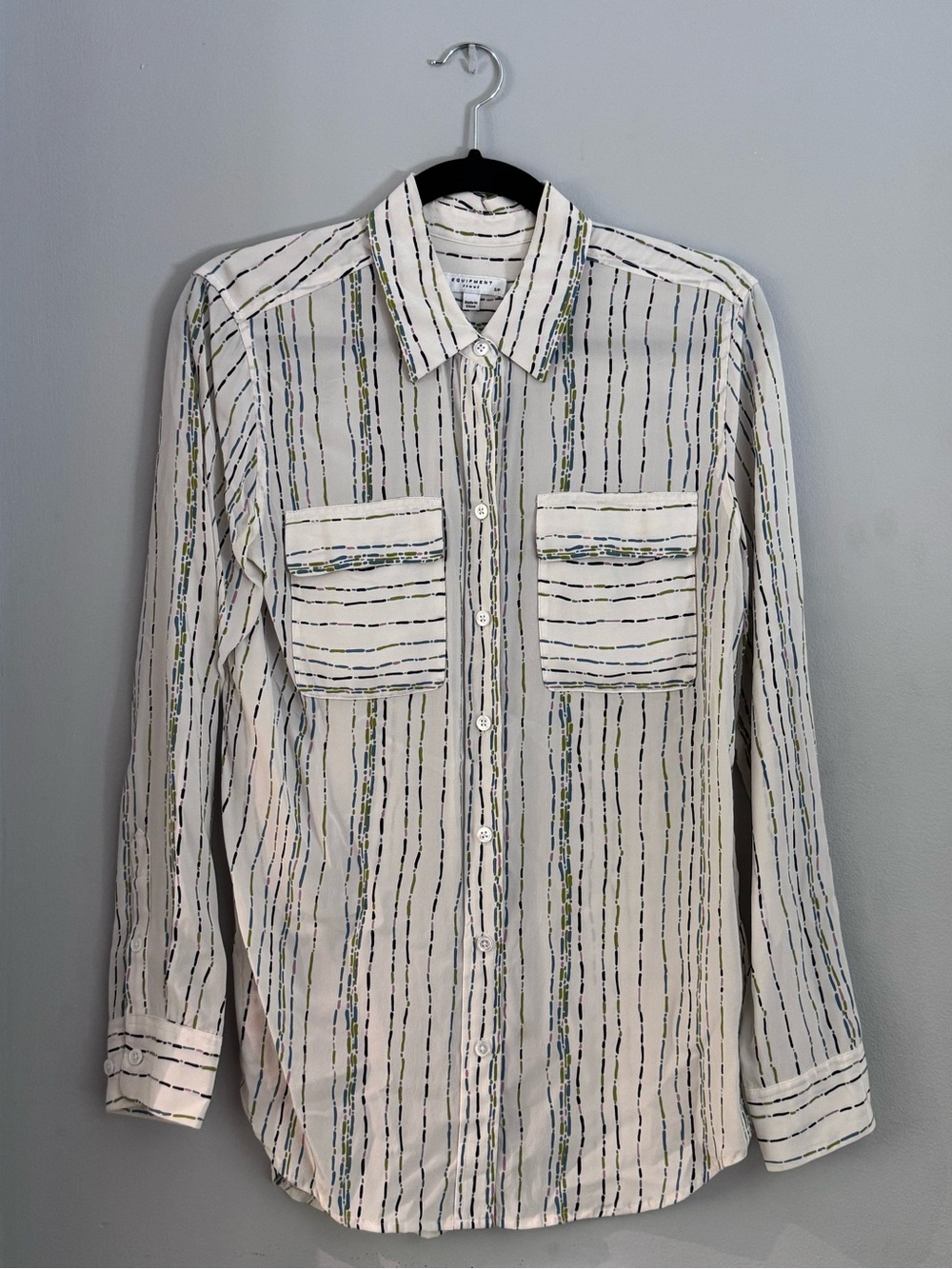 Equipment Cream Button-Up Blouse with Multicolored Vertical Stripes